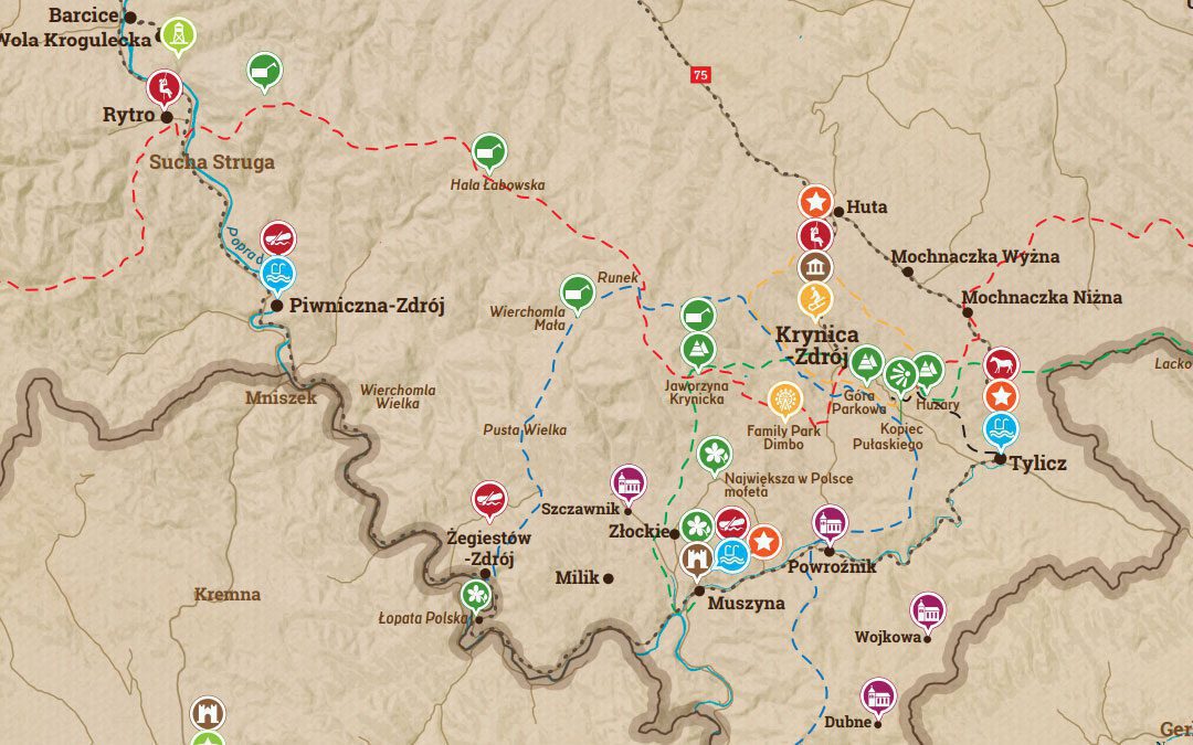 Mapka atrakcji okolic Krynicy-Zdrój (Beskid Sądecki) do pobrania