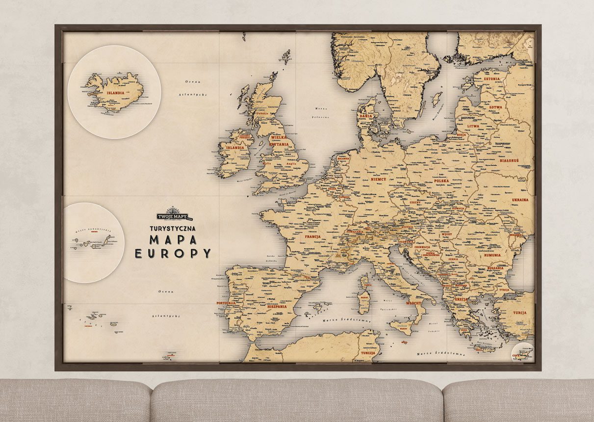 Turystyczna Mapa Europy na ścianę, mapa do zaznaczania, beżowa