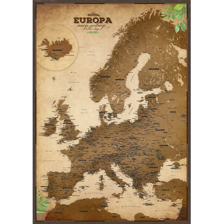 Pionowa Turystyczna Mapa Europy do zaznaczania. Mapa ścienna 70x100 cm. Styl papirus.