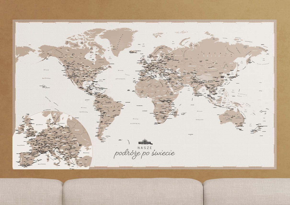 Wielka Mapa Świata atrakcji turystycznych, pastelowa, mapa na ścianę, mapa do zaznaczania
