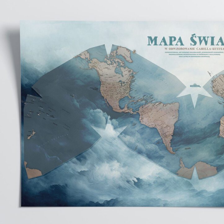 Ozdobna mapa świata na ścianę, mapa w formie plakatu na ścianę. Mapa - obraz burzowy. Plakat do salonu.