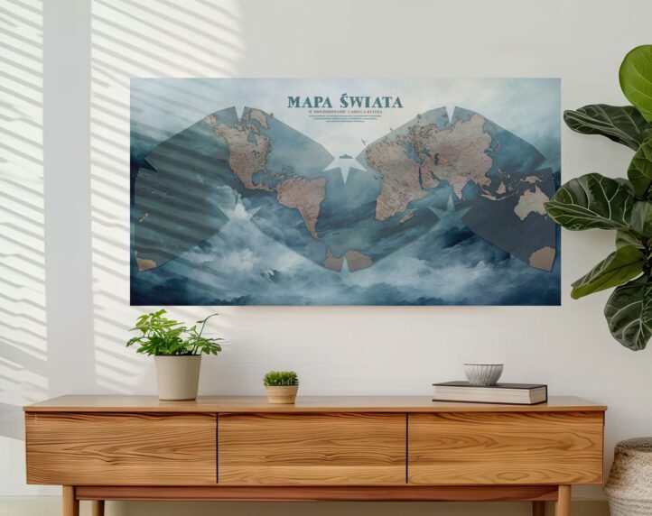 Ozdobna mapa świata na ścianę, mapa do zaznaczania, obraz, duży plakat ścienny do salonu, poziomy, przylepiony na ścianę.