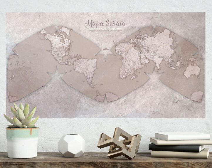 Ozdobna mapa świata "marmurowa" na ścianę, pokazane wymiary mapy, obraz, duży plakat ścienny, poziomy