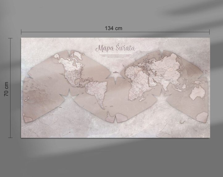 Ozdobna mapa świata "marmurowa" na ścianę, pokazane wymiary mapy, obraz, duży plakat ścienny, poziomy