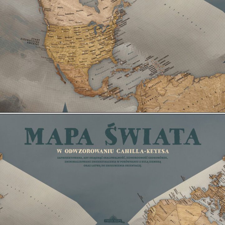 Przybliżone fragmenty mapy świata na ścianę, widoczne szczegóły mapy