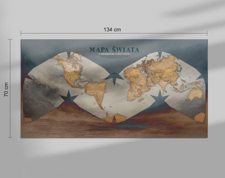 Ozdobna mapa świata na ścianę, pokazane wymiary mapy, obraz, duży plakat ścienny, poziomy