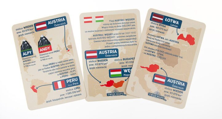 Trzy karty "Skojarz To!" FLAGI, które zawierają flagę Austrii w różnych zestawieniach