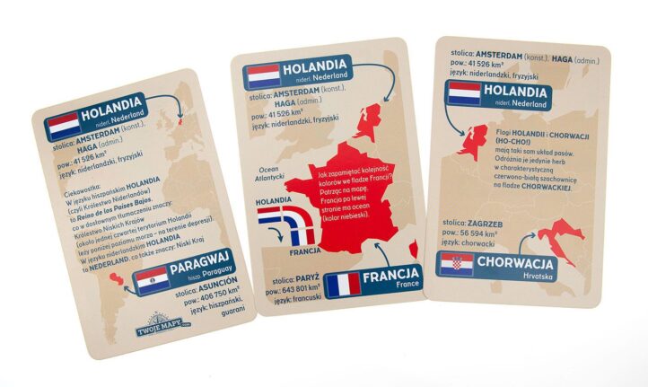 Trzy karty "Skojarz To!" FLAGI, które zawierają flagę Holandii w różnych zestawieniach