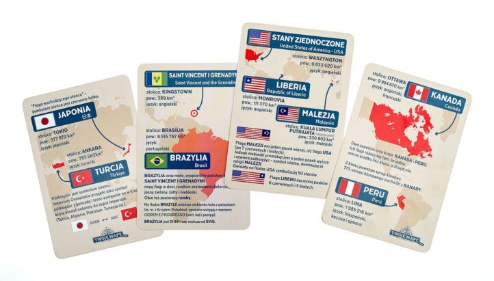 4 różne karty "Skojarz To! FLAGI" pokazujące znane flagi ze świata