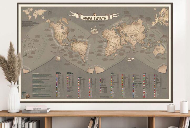 Mapa świata dla dzieci, na ścianę, w odwzorowaniu Cahilla-Keyesa