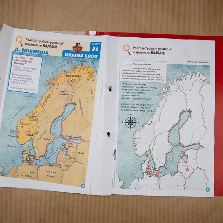 E-book wydrukowany i oprawiony w skoroszyt - podgląd stron z mapami Skandynawii