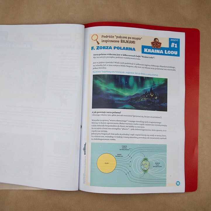E-book wydrukowany i oprawiony w skoroszyt - podgląd strony omawiającej zorzę polarną
