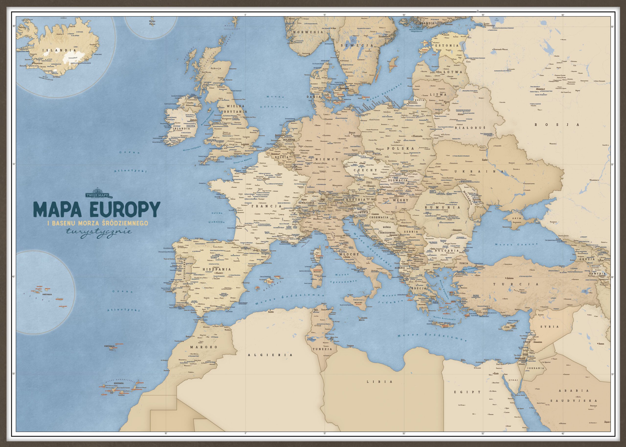 Turystyczna Mapa Europy i Basenu Morza Śródziemnego - duża, ścienna mapa