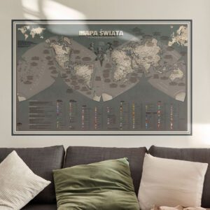 Mapa świata dla nastolatka, na ścianę do pokoju młodzieżowego, w tonacji sepii, beżu, brązu