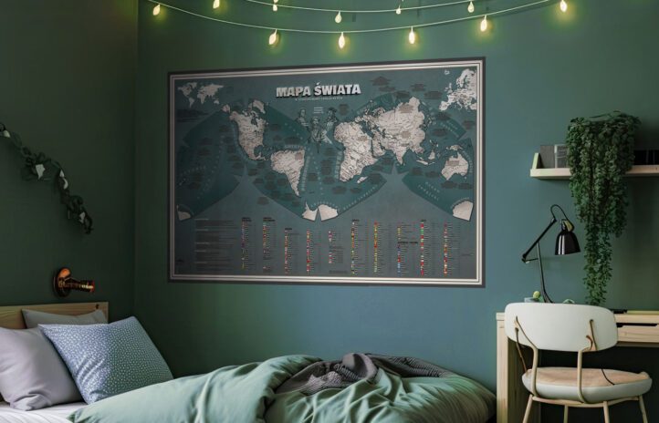 Mapa świata na ścianę nastolatka w tonacji butelkowej zieleni.