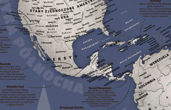 Fragment mapy świata na ścianę dla nastolatka w wersji granatowej. Ameryka Północna, USA, Karaiby, Meksyk