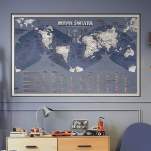 Mapa świata dla nastolatka, mapa granatowa, na ścianę w młodzieżowym pokoju