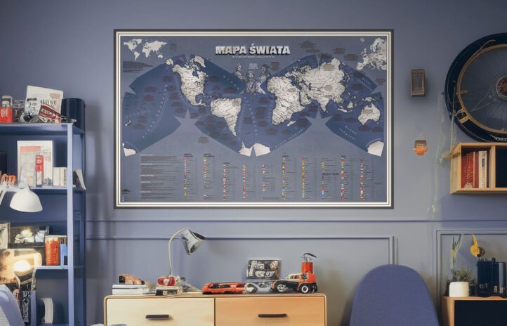 Mapa świata dla nastolatka, mapa granatowa, na ścianę w młodzieżowym pokoju