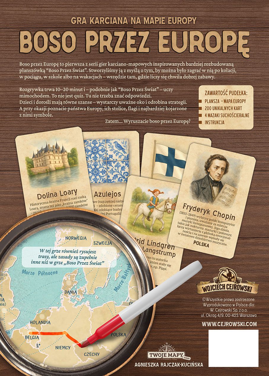 Pudełko gry karcianej geograficznej "Boso Przez Europe" Pudełko gry karcianej geograficznej "Boso Przez Europe"