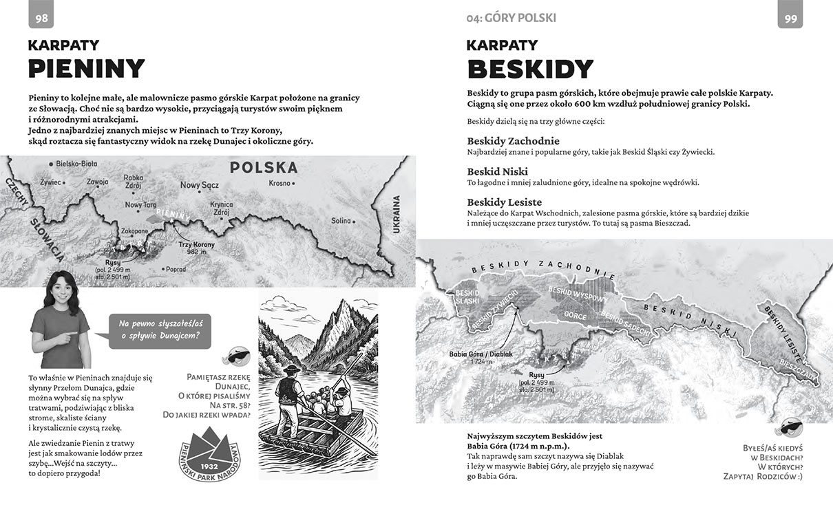 POLSKA w małym paluszku - nauka geografii przez zabawę 6 Wnętrze książki „Polska w małym paluszku” – góry Pieniny i Beskidy z mapami i opisami atrakcji