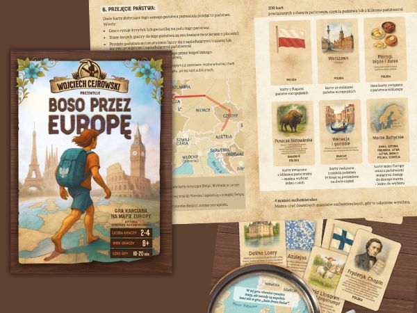 Elementy gry planszowej "Boso Przez Europę": pudełko, instrukcja, karty i plansza